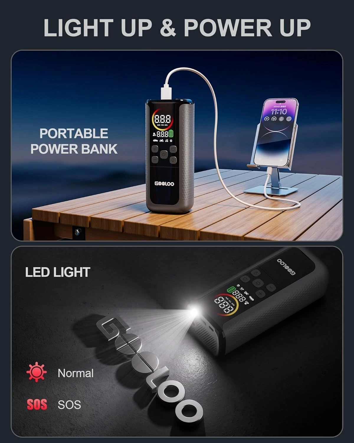 GOOLOO GT160 Cordless Digital Tyre Inflator Pump Air Compressor USB Power Bank - Image 5