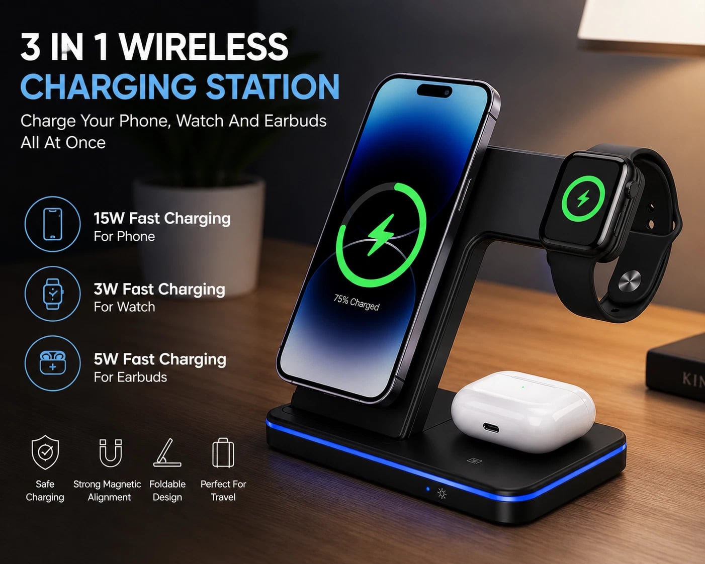 3-in-1 Fast 15W Wireless Charger Station Dock for Apple iPhone Watch AirPods